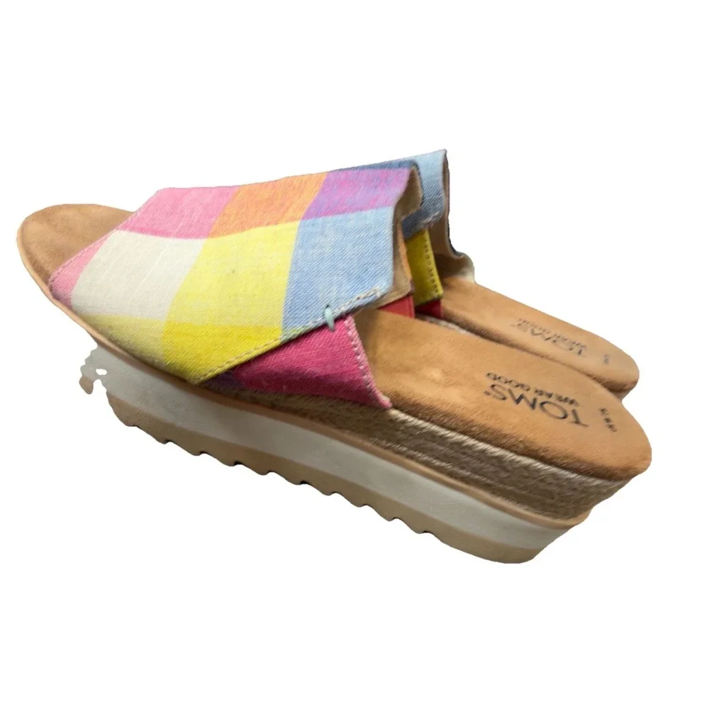 TOMS Women's 7.5 Multicolor Plaid Platform Espadrille Slide Sandals